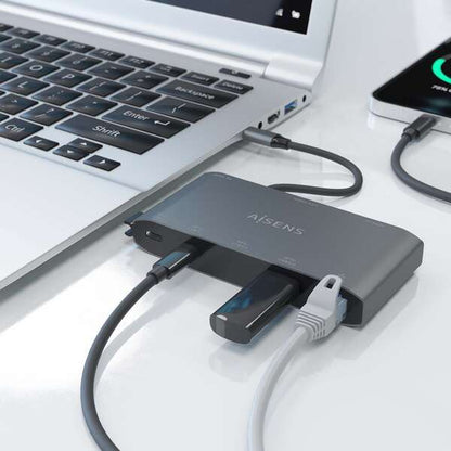 AISENS - USB-C Dock 8 en 1  USB-C a 1xHDMI  1xVGA  1xRJ45  2xUSB-A  2xUSB-C 5G  1xUSB-C PD  Gris  20 cm