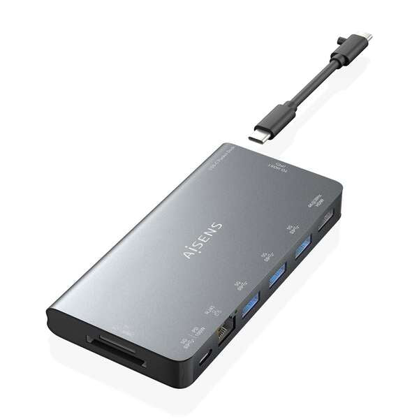 AISENS - USB-C Dock 8 en 1  USB-C a 1xHDMI  1xRJ45  3xUSB-A  1xUSB-C Datos+PD  1xSD  1xMicro SD  Gris  10 cm