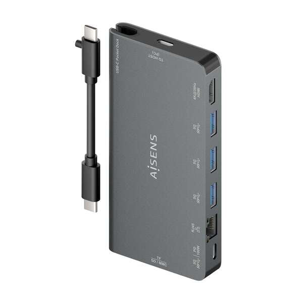 AISENS - USB-C Dock 8 en 1  USB-C a 1xHDMI  1xRJ45  3xUSB-A  1xUSB-C Datos+PD  1xSD  1xMicro SD  Gris  10 cm