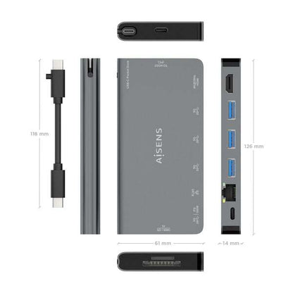 AISENS - USB-C Dock 8 en 1  USB-C a 1xHDMI  1xRJ45  3xUSB-A  1xUSB-C Datos+PD  1xSD  1xMicro SD  Gris  10 cm