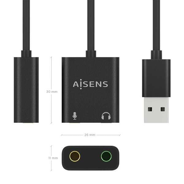 AISENS - Conversor USB-A a Audio 48KHz  USB-A/M-2xJack 3.5/H  Negro  10 cm