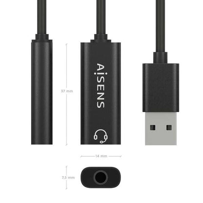 AISENS - Conversor USB-A a Audio 48KHz  USB-A/M-Jack 3.5/H  Negro  10 cm