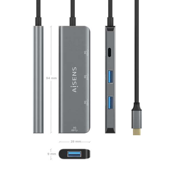 AISENS - Hub USB 3.2 Gen1 5G USB-C  USB-C/M-1xUSB-C/H-3xUSB-A/H  Gris  15 cm