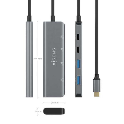 AISENS - Hub USB 3.2 Gen1 5G USB-C  USB-C/M-2xUSB-C/H-2xUSB-A/H  Gris  15 cm