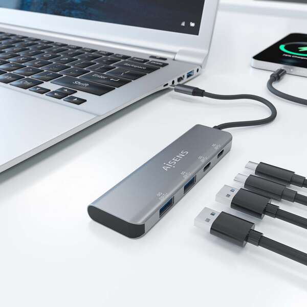 AISENS - Hub USB 3.2 Gen1 5G USB-C  USB-C/M-2xUSB-C/H-2xUSB-A/H  Gris  15 cm