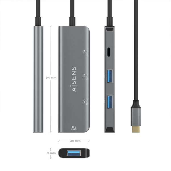 AISENS - Hub USB 3.2 Gen2 10G USB-C  USB-C/M-1xUSB-C/H-3xUSB-A/H  Gris  15 cm