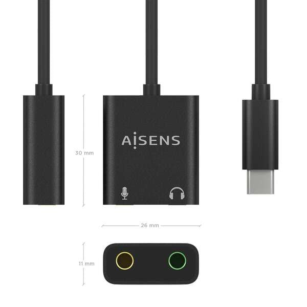 AISENS - Conversor USB-C a Audio 48KHz  USB-C/M-2xJack 3.5/H  Negro  10 cm