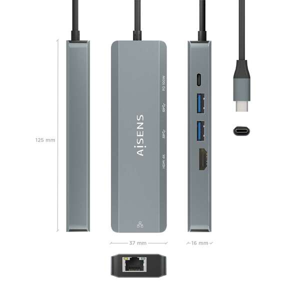 AISENS - USB-C Dock 5 en 1  USB-C a 1xHDMI  1xRJ45  2xUSB  1xPD  Gris  15 cm