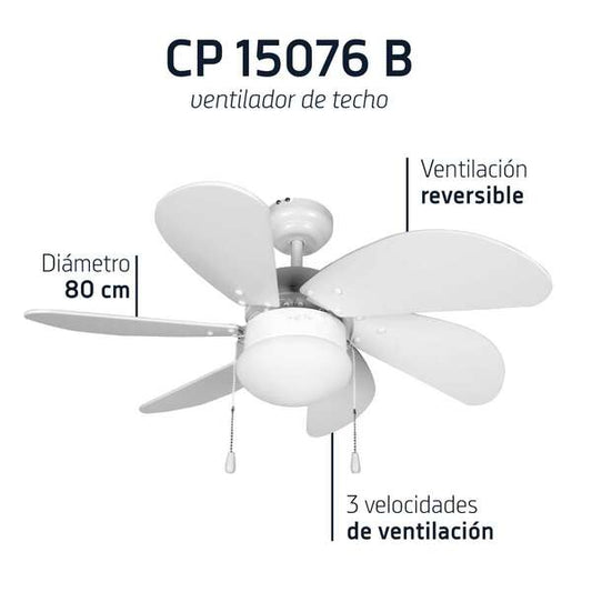 Orbegozo CP 15076 B Ventilador de Techo - Ideal para Ambientes Pequeños - Consumo Minimo de Energia - Sistema de Ventilacion Reversible - Silencioso - 3 Velocidades - Potencia 50W 1 pieza(s)