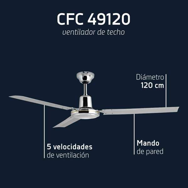 Orbegozo CFC 49120 Ventilador de Techo Elegante y Potente - 3 Palas - 5 Velocidades - Potencia de 60 W - Cromado - Diametro 120 cm 1 pieza(s)