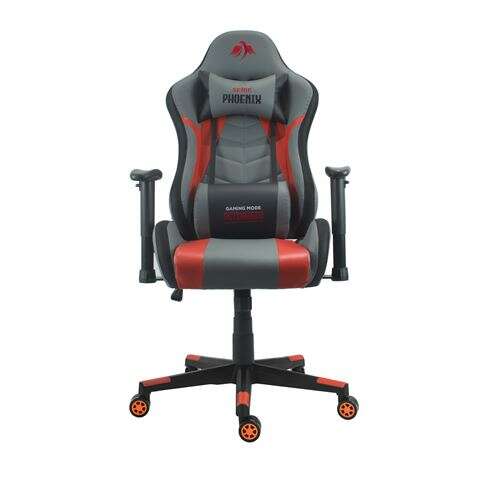 Cromad Serie Phoenix Silla Gaming - Altura Regulable con Piston de Gas Clase 2 - Reclinable hasta 180º - Cojines Lumbar y Cervical - Color Gris/Rojo/Negro 1 pieza(s)