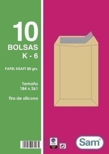 Sam - BOLSA SAM 184x261 KRAFT 80g PAQ.10 - Pack de 25 unidades