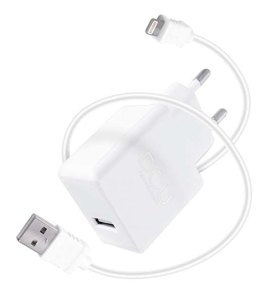 DCU Tecnologic Cargador USB 5V 2.4A + Cable Lightning MFI - 1m - Carga Rapida y Segura - Conector C89 - Color Blanco 1 pieza(s)