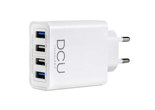 DCU Tecnologic Cargador Inteligente 4 Puertos USB - Carga Rapida para hasta 4 Dispositivos Simultaneamente - Color Blanco 1 pieza(s)