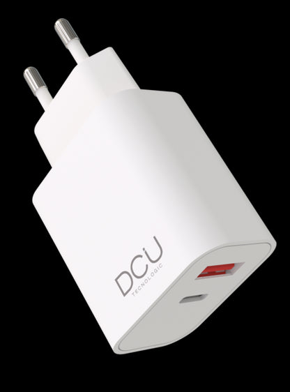 DCU Tecnologic Cargador USB Tipo C PD 20W + USB QC 3.0 18W - Carga Rapida - Potente y Versatil - Color Blanco 1 pieza(s)