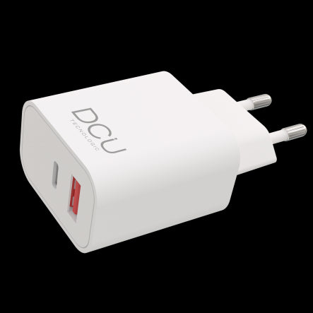 DCU Tecnologic Cargador USB Tipo C PD 20W + USB QC 3.0 18W - Carga Rapida - Potente y Versatil - Color Blanco 1 pieza(s)