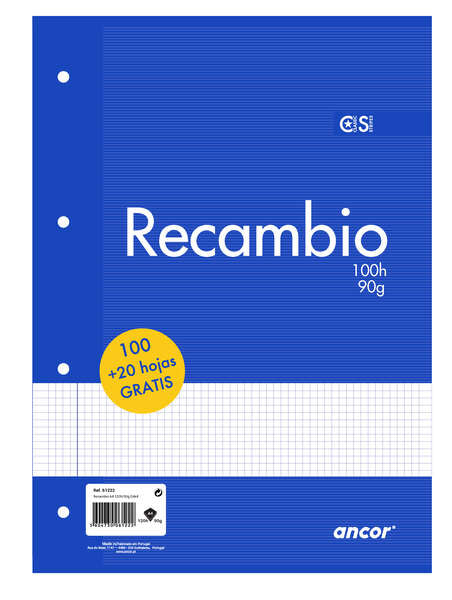 Ancor - RECAMBIO A4 100+20 HOJAS 90G Q4X4 4 TALADROS ANCOR 061222