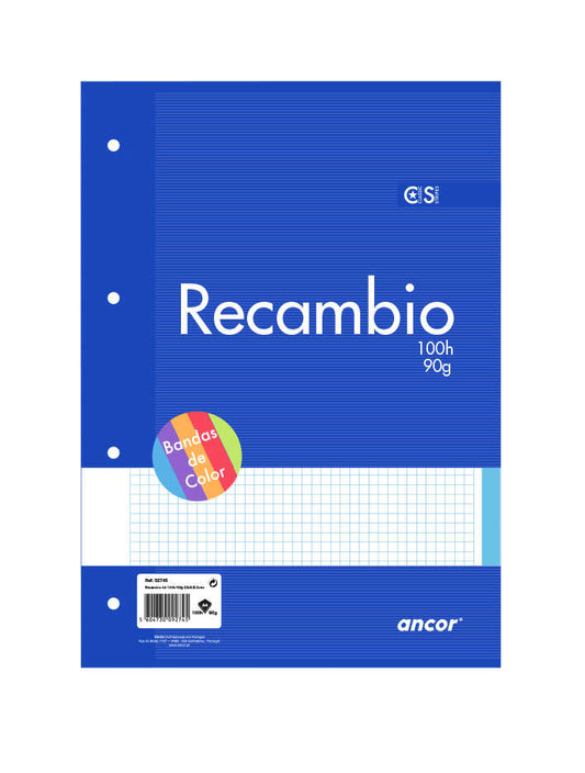 Ancor Recambio de 100 Hojas 90gr Tamaño A4 Cuadriculado 5x5mm - 4 Taladros - Bandas de Color 1 pieza(s)