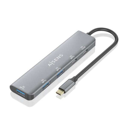 AISENS - Hub USB 3.2 Gen1 5G USB-C  USB-C/M-1xUSB-C PD100W/H-1xUSB-C/H-3xUSB-A/H  Gris  15cm