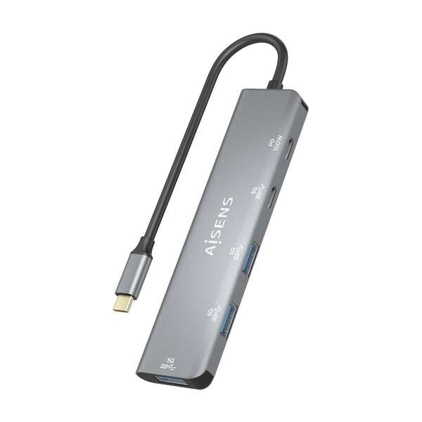 AISENS - Hub USB 3.2 Gen1 5G USB-C  USB-C/M-1xUSB-C PD100W/H-1xUSB-C/H-3xUSB-A/H  Gris  15cm