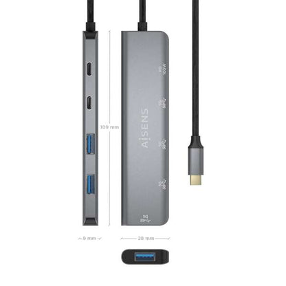 AISENS - Hub USB 3.2 Gen1 5G USB-C  USB-C/M-1xUSB-C PD100W/H-1xUSB-C/H-3xUSB-A/H  Gris  15cm