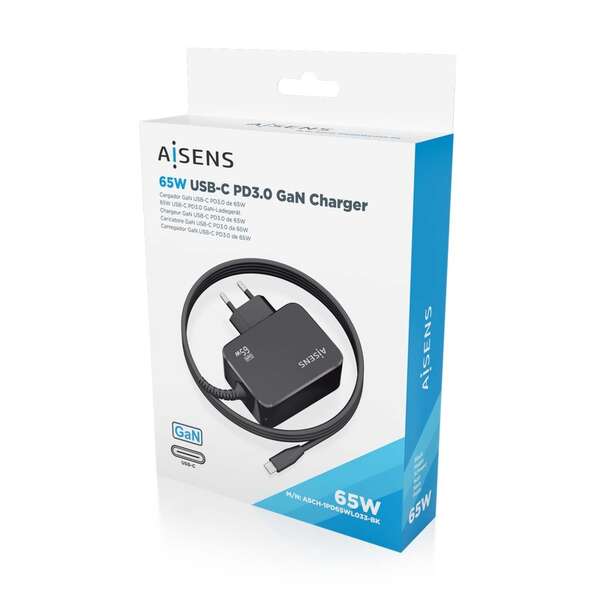 AISENS - Cargador GaN 65W PD3.0 1xUSB-C 1.8m  Negro