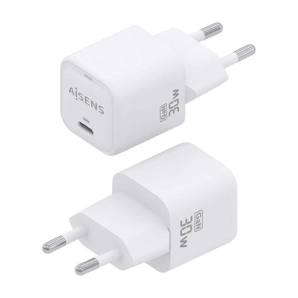 AISENS - Cargador GaN 30W  1xUSB-C PD3.0 QC4.0  Blanco