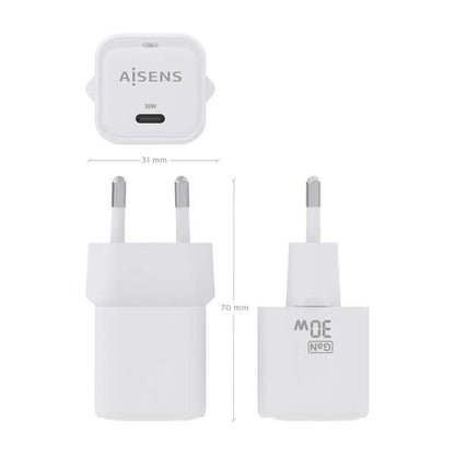 AISENS - Cargador GaN 30W  1xUSB-C PD3.0 QC4.0  Blanco