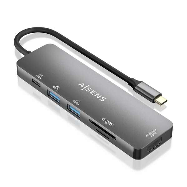 AISENS - USB-C Dock 6 EN 1  USB-C a 1xHDMI  2xUSB-A  1xUSB-C PD 100W  1xSD  1xMicro SD  Gris  15cm