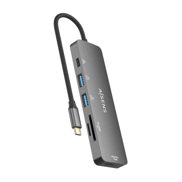 AISENS - USB-C Dock 6 EN 1  USB-C a 1xHDMI  2xUSB-A  1xUSB-C PD 100W  1xSD  1xMicro SD  Gris  15cm