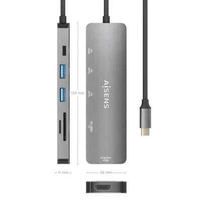 AISENS - USB-C Dock 6 EN 1  USB-C a 1xHDMI  2xUSB-A  1xUSB-C PD 100W  1xSD  1xMicro SD  Gris  15cm