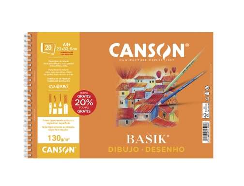 Canson Basik Bloc de Dibujo Espiral 20 Hojas A4+ 130g - Con Recuadro - Medidas 23x32.5cm - Color Blanco 1 pieza(s)