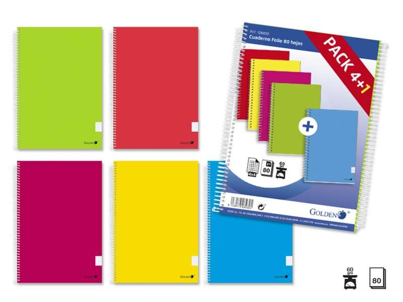 Golden Pack de 5 Cuadernos Espiral Folio 80 Hojas Cuadricula 4x4 - Margen Remarcado - Tapa Normal Plastificada - Colores Surtidos 1 pieza(s)