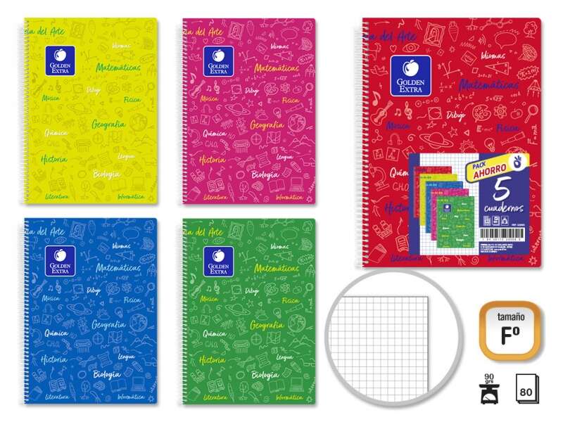 Golden Pack de 5 Cuadernos Asignatura Folio 80 Hojas 90gr Cuadricula 4x4 - Resistente - Tapa Dura - Ideal para Estudiantes - Colores Surtidos 1 pieza(s)