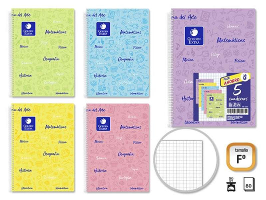 Golden Pack de 5 Cuadernos Asignatura Folio 80 Hojas 90gr Cuadricula 4x4 - Resistente - Tapa Dura - Ideal para Estudiantes - Colores Pastel Surtidos 1 pieza(s)