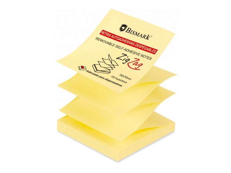 Bismark Taco de 100 Notas Adhesivas Zig-Zag 76x76mm - Adecuado para Dispensadores - Color Amarillo 1 pieza(s)