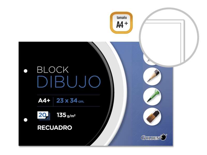 Golden Bloc de Dibujo A4+ 20 Hojas con Recuadro Interior A4 - Papel de 135gr - Encolado con 2 Taladros 1 pieza(s)