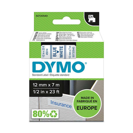 Dymo D1 Cinta de Etiquetas Original para Rotuladora - Texto Azul sobre Fondo Blanco - Ancho 12mm x 7 metros - S0720540 Tintasmurcia.com