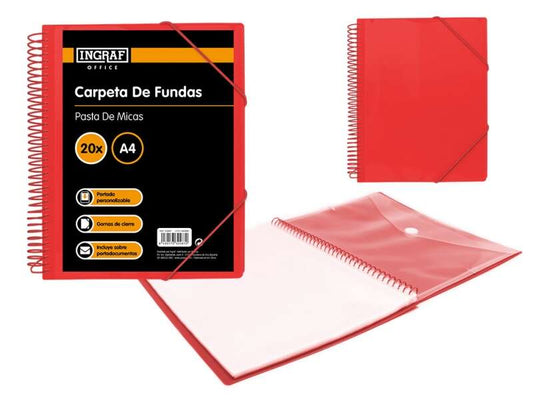 Ingraf Carpeta 20 Fundas A4 + Sobre con Broche - Espiral Plastica Indeformable - Apertura 360 Grados - Portada Personalizable - Color Rojo 1 pieza(s)