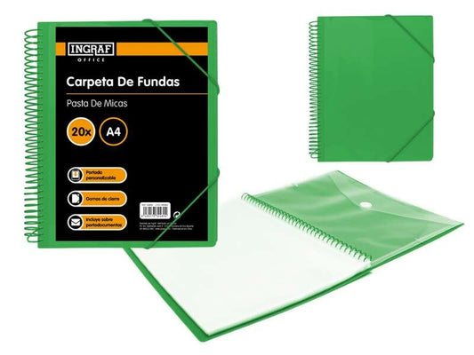 Ingraf Carpeta 20 Fundas A4 + Sobre con Broche - Espiral Plastica Indeformable - Apertura 360 Grados - Portada Personalizable - Color Verde 1 pieza(s)