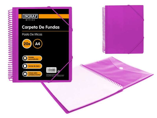 Ingraf Carpeta 20 Fundas A4 + Sobre con Broche - Espiral Plastica Indeformable - Apertura 360 Grados - Portada Personalizable - Color Morado 1 pieza(s)