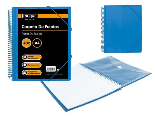 Ingraf Carpeta 40 Fundas A4 + Sobre con Broche - Espiral Plastica Indeformable - Apertura 360 Grados - Portada Personalizable - Color Azul 1 pieza(s)