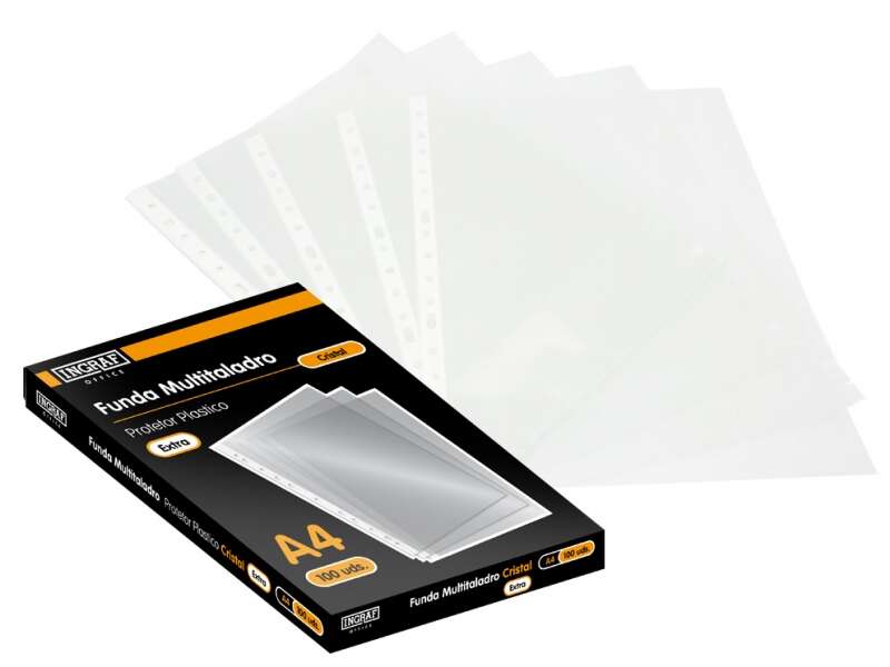 Ingraf Pack de 100 Fundas Multitaladro A4 Transparentes - Acabado en Cristal 1 pieza(s)