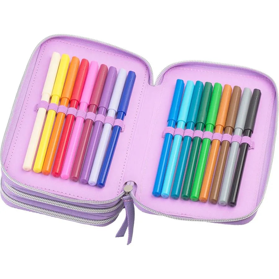 Faber-Castell Diseño Unicornio Estuche de 3 Pisos con Contenido de Serie: Goma de Borrar, 1 Sacapuntas, 1 Lapiz de Grafito HB, 2 Boligrafos (Azul y Rojo), 1 Regla de 15cm, 18 Lapices de Colores, 18 Rotuladores, 1 Tijera y 1 Barra de Pegamento 1 pieza(s)