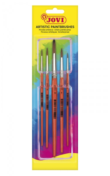 Jovi Artistic Paintbrushes Blister con 5 Pinceles Redondos - Pelo Natural - Mango de Madera - Calibre 00 al 12 - Punta Redonda - Pelo Suave - Color Varios 1 pieza(s)