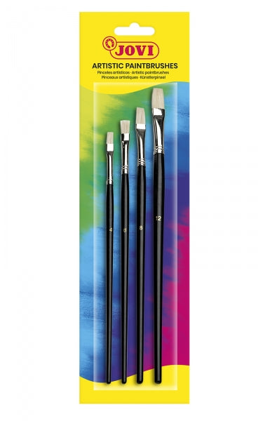 Jovi Artistic Paintbrushes Blister con 4 Pinceles Planos - Pelo Natural - Mango de Madera - Punta Plana - Pelo Duro - Color Negro 1 pieza(s)