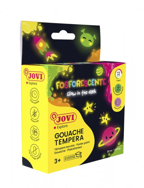 Jovi Gouache Estuche de 4 Botes de Tempera 35ml Tempera Escolar - Colores Fosforescentes - Brilla en la Oscuridad - Secado Rapido - Excelente Adherencia - Lista para Usar - Color Surtido 1 pieza(s)