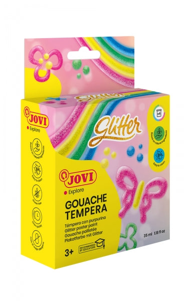 Jovi Glitter Gouache Estuche de 4 Botes de Tempera 35ml - Tempera Liquida Base Agua - Particulas de Purpurina - Excelente Rendimiento - Secado Rapido - Facil Aplicacion  - Color Surtido 1 pieza(s)