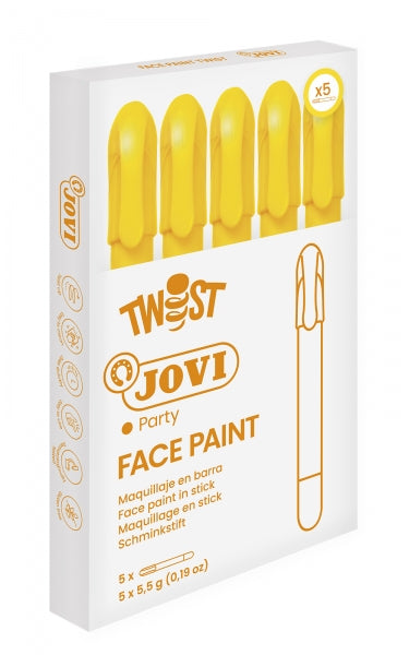 Jovi Twist Stick de Pintura de Cara - Hipoalergenico - Base Agua - Facil Aplicacion - Gran Cobertura - Seca Rapido - Facil de Retirar - sin Parabenos - Color Amarillo 5 pieza(s)