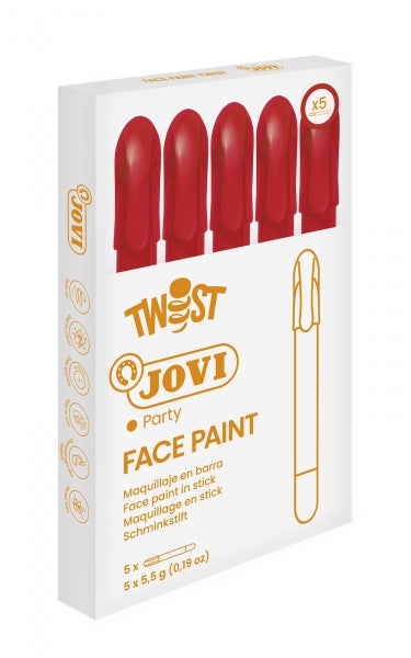 Jovi Twist Stick de Pintura de Cara - Hipoalergenico - Base Agua - Facil de Aplicar y Retirar - Gran Cubricion - Seca Rapido - sin Parabenos - Color Rojo 5 pieza(s)